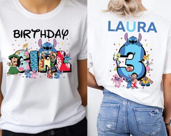 Camiseta personalizada de Stitch para cumpleañera, top para cumpleañera, camiseta para amantes de los cumpleaños, camiseta para cumpleañera infantil, camiseta para cumpleaños familiar
