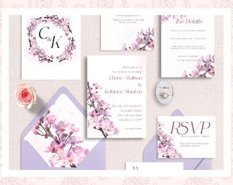 7-teiliges Kirschblüten-Hochzeitsgefolge - Aquarellrosa Blüten, romantische Blumenhochzeitseinladungen