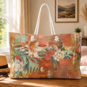 May include: A rectangular tote bag featuring a vibrant floral print with large white and orange blossoms, green foliage, and textured patches of terracotta and gold. The bag includes two thick white rope handles attached with silver-toned metal grommets.