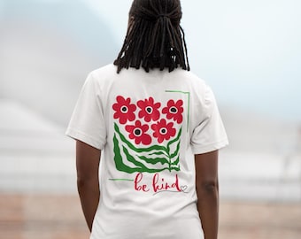 Be Kind retro T-shirt met bloemen, T-shirt met positieve boodschap