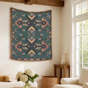 Juniper Dusk Woven Throw Blanket | Southwestern Teal Decor | Western Ranch Style | Rustic Cabin Accent | Boho Home Gift