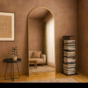 Arched gold frame mirror – Large full length standing or wall mirror for bedroom, living room, hallway or dressing room décor