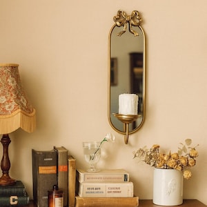 Vintage Gold Wall Mirror with Bow & Candle Holder - Romantic French Decor