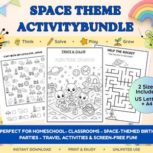 May include: A space theme activity bundle featuring three printable worksheets: an I Spy game, a Trace & Color alien picnic scene, and a rocket maze. The text includes SPACE THEME ACTIVITY BUNDLE, 2 Sizes Included US Letter + A4, and more.