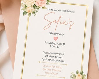 Convite de aniversário floral editável | Flores rosa blush, folhagem verde sálvia (download digital 5x7)