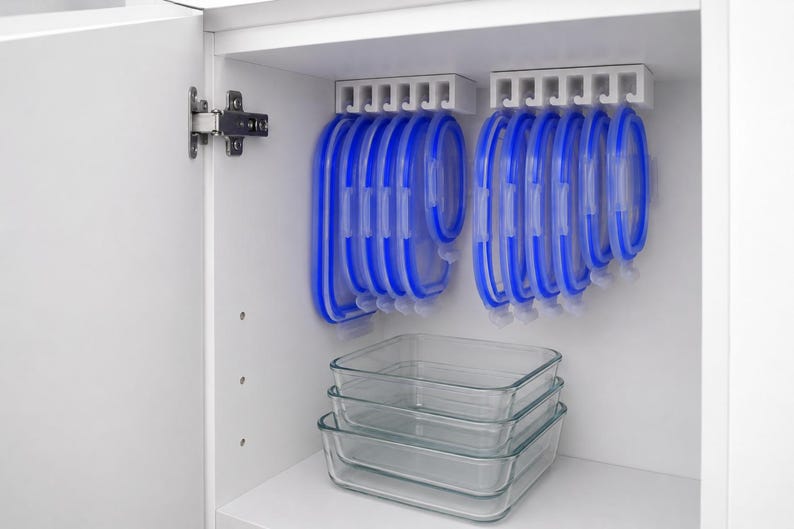 May include: Two white plastic storage racks mounted to the underside of a cabinet shelf, each holding several blue and clear circular silicone lids. Below the hanging lids, three clear glass rectangular food storage containers are stacked neatly.