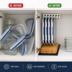 May include: A comparison of food storage organization showing a cluttered cabinet with glass containers on the left labeled BEFORE and a white plastic hanging rack holding container lids with stacked bamboo boards on the right labeled AFTER.