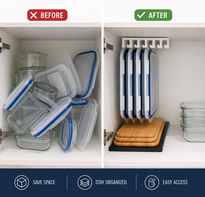 May include: A comparison of food storage organization showing a cluttered cabinet with glass containers on the left labeled BEFORE and a white plastic hanging rack holding container lids with stacked bamboo boards on the right labeled AFTER.