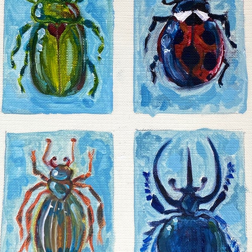 Oil Painting of Little Bugs Ladybugs Spider shops Green June Beatle Rhinoceros Beatle Blue