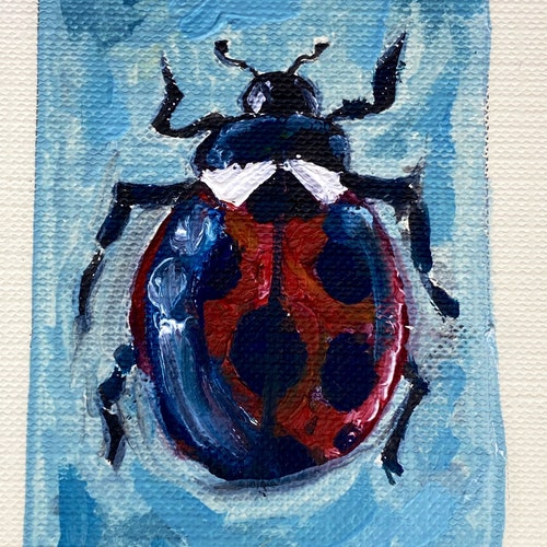 Oil Painting of Little Bugs Ladybugs Spider shops Green June Beatle Rhinoceros Beatle Blue