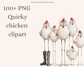 May include: A digital illustration featuring six white chickens with large eyes and red combs. One chicken wears black boots, while the others have thin legs. The text reads 100+ PNG Quirky chicken clipart and DynamicDesignsDomain.