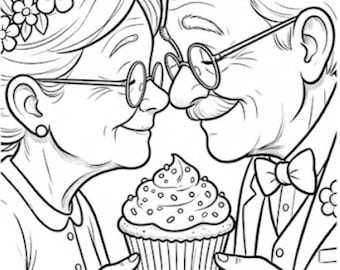 Golden Years in Love Coloring Book, Cozy Adult Coloring Pages, Romantic Couple Printable, 30 Hand Drawn Pages + 5 Colored, PDF Download