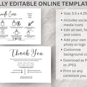 May include: A white card template with instructions for candle care, a thank you message, and a list of features. The template includes social media icons and is 14 x 10.8 cm.