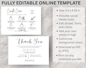 Candle Care Cards Bundle Editable Template, Wax Melt Instructions Labels, Wood Wick Candle Care, Small Business Thank You Inserts Canva DIY