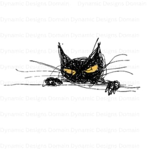 May include: A black cat illustration with yellow eyes and whiskers, drawn in a sketchy style. The cat's head and paws are visible, giving the impression it's peeking over an edge. The artwork is on a white background.