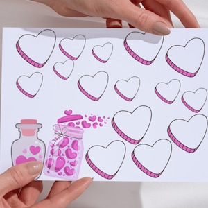 May include: A Valentine's Day-themed illustration featuring white hearts with pink outlines and a pink striped border. The image also includes a jar and a bottle filled with pink hearts, and a jar with the word "LOVE" on it.