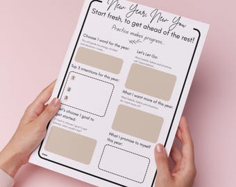 New year intentions and goal setting reflection sheet with minimalist botanical design : editable Canva template