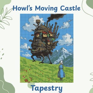 May include: A tapestry featuring a pixelated illustration of Howl's Moving Castle from the animated film. The castle is a complex structure with a chimney emitting black smoke, set against a blue sky with clouds and a mountain backdrop. A figure in a blue dress stands in a green field.