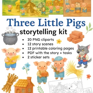 以下が含まれることがあります： 三匹の子豚のストーリーテリングキット。3匹の子豚、オオカミ、家々のイラストが描かれています。クリップアート、ストーリーシーン、塗り絵、ステッカーセットが含まれています。タイトルは大きな青い文字で書かれています。