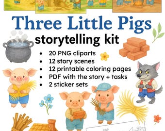 Whimsical Three Little Pigs Storytelling Kit - Cutout Characters, Scenes, Coloring Pages, Stickers, Printable Activities