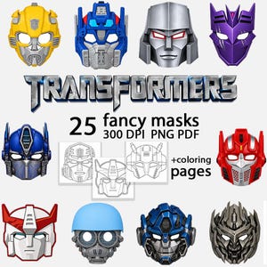 Pode incluir: Uma coleção de 25 máscaras de fantasia Transformers em várias cores, incluindo amarelo, azul, prata, roxo e vermelho. A imagem também inclui páginas para colorir e o logotipo Transformers.
