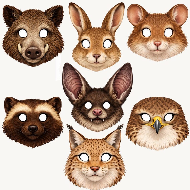Forest Animals Paper Masks for Kids, Printable Woodland Animal Mask Set, Realistic Animal Masks, A4 PDF, Classroom Play
