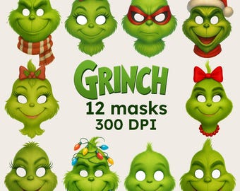 GRINCH Printable Masks – 12 Christmas Masks Kids Party