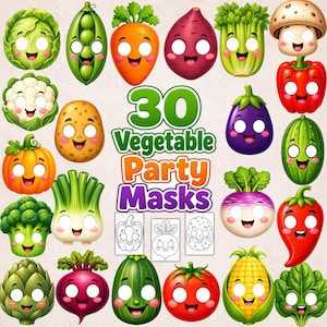 May include: A collection of 30 vegetable party masks featuring colourful, smiling cartoon vegetables including cabbage, peas, carrots, potatoes, broccoli, and corn, with three black and white line art templates and the text 30 Vegetable Party Masks.