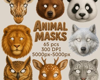 Realistic Animal Masks – Printable Party Therian Masks for Kids, 65 PNGs (Digital Download)