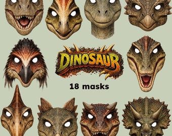 Op de afbeelding: Een verzameling van 18 dinosaurusmaskers met gedetailleerde, realistische ontwerpen. De maskers tonen verschillende dinosaurussoorten in bruin-, groen- en oranjetinten, met witte ooguitsparingen. Het woord "DINOSAUR" wordt weergegeven in een gestileerd lettertype.
