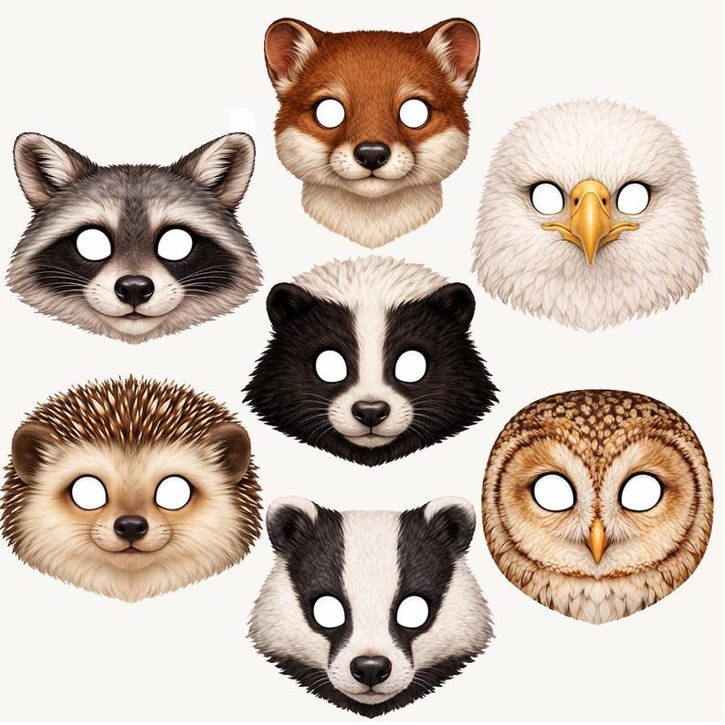 Forest Animals Paper Masks for Kids, Printable Woodland Animal Mask Set, Realistic Animal Masks, A4 PDF, Classroom Play