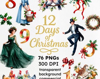Aquarell 12 Days of Christmas Clipart: Urlaub Scrapbook Grafiken (PNG)