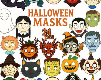 May include: A collection of 24 Halloween masks in various designs, including a bat, a mummy, a devil, a witch, a vampire, a zombie, a cat, a pumpkin, a clown, and a skull. The words "HALLOWEEN MASKS" are displayed in orange.