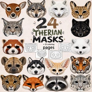 Op de afbeelding: Een collectie van 24 dierenmaskers met een hert, wolf, poolvos, serval, lynx, zwarte wolf, rode panda, witte vos, hyena, husky, woestijnvos, tijger, luipaard, rode vos, wasbeer en sneeuwluipaard, plus 25 kleurplaten met tekst 24 THERIAN MASKS.
