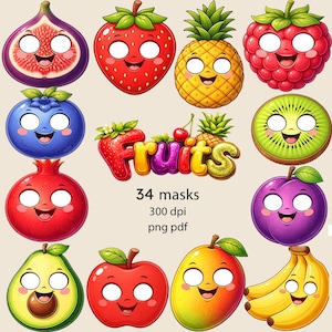 Pode incluir: Uma coleção de 12 máscaras de frutas coloridas com rostos sorridentes, incluindo um figo, morango, abacaxi, framboesa, mirtilo, kiwi, romã, ameixa, abacate, maçã, manga e banana. A palavra "Fruits" está escrita em letras coloridas. A imagem também inclui o texto "34 máscaras, 300 dpi, png pdf."