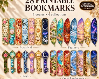 Peut inclure: Un ensemble de 28 marque-pages imprimables en téléchargement numérique comprenant quatre collections : botanique, plume, clé et paysages de cour. Le texte indique ACOTAR INSPIRED 28 PRINTABLE BOOKMARKS 7 courts 4 collections DIGITAL DOWNLOAD.