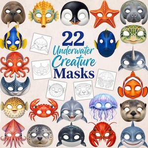 Könnte beinhalten: Eine Sammlung von 22 Unterwasser-Kreaturenmasken mit farbenfrohen Designs von Meerestieren wie Walross, Seestern, Krake, Krabbe und Clownfisch sowie mehreren schwarz-weißen Strichzeichnungen von Meereslebewesen zum Ausmalen.