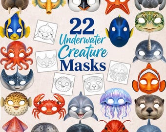 22 unieke onderwaterdieren afdrukbare maskers voor kinderfeestjes