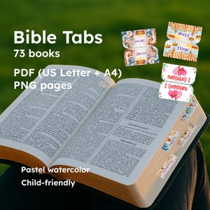 Op de afbeelding: Een open Bijbel met kleurrijke tabs die verschillende boeken markeren. De tabs zijn versierd met aquarel illustraties en tekst. De afbeelding bevat ook de tekst "Bible Tabs", "73 books", "PDF (US Letter + A4)", "PNG pages", "Pastel watercolor" en "Child-friendly".