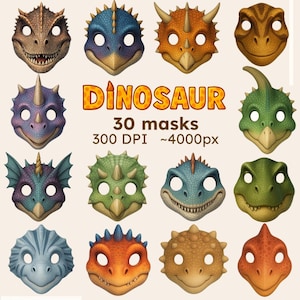 Op de afbeelding: Een verzameling van 12 kleurrijke dinosaurusmaskers met verschillende ontwerpen en uitdrukkingen. De maskers zijn in tinten bruin, blauw, oranje, groen en paars. Tekst op de afbeelding luidt "DINOSAUR 30 masks 300 DPI ~4000px".