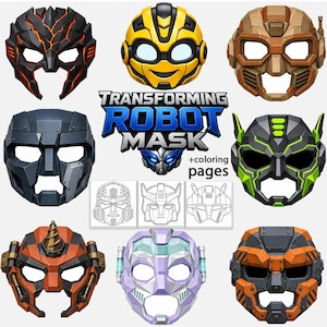 Può includere: Una collezione di otto maschere da robot colorate con vari design geometrici in nero, giallo, arancione, verde e viola, accompagnate dal testo Transforming Robot Mask + coloring pages e tre modelli di disegni al tratto in bianco e nero.