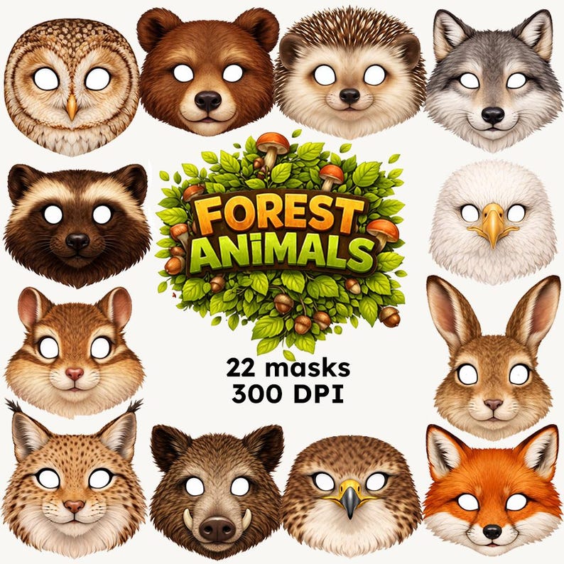 Printable forest animal paper masks for kids including deer, fox, bear, wolf, owl, moose and other woodland animals, realistic style, A4 printable masks for classroom and pretend play.