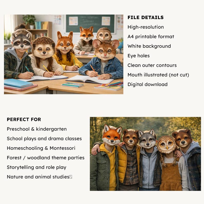 Forest Animals Paper Masks for Kids, Printable Woodland Animal Mask Set, Realistic Animal Masks, A4 PDF, Classroom Play