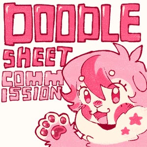 Puede incluir: Una ilustración digital de una criatura antropomórfica rosa con ojos grandes y una pata levantada en un saludo. El texto DOODLE SHEET COMMISSION está escrito en letras rosas, gruesas y en bloque en la esquina superior izquierda de la imagen.