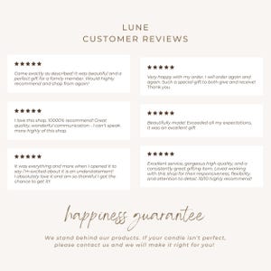 May include: A customer review graphic with the text "LUNE CUSTOMER REVIEWS" at the top. The graphic features several customer testimonials with five-star ratings, and the words "happiness guarantee" at the bottom.