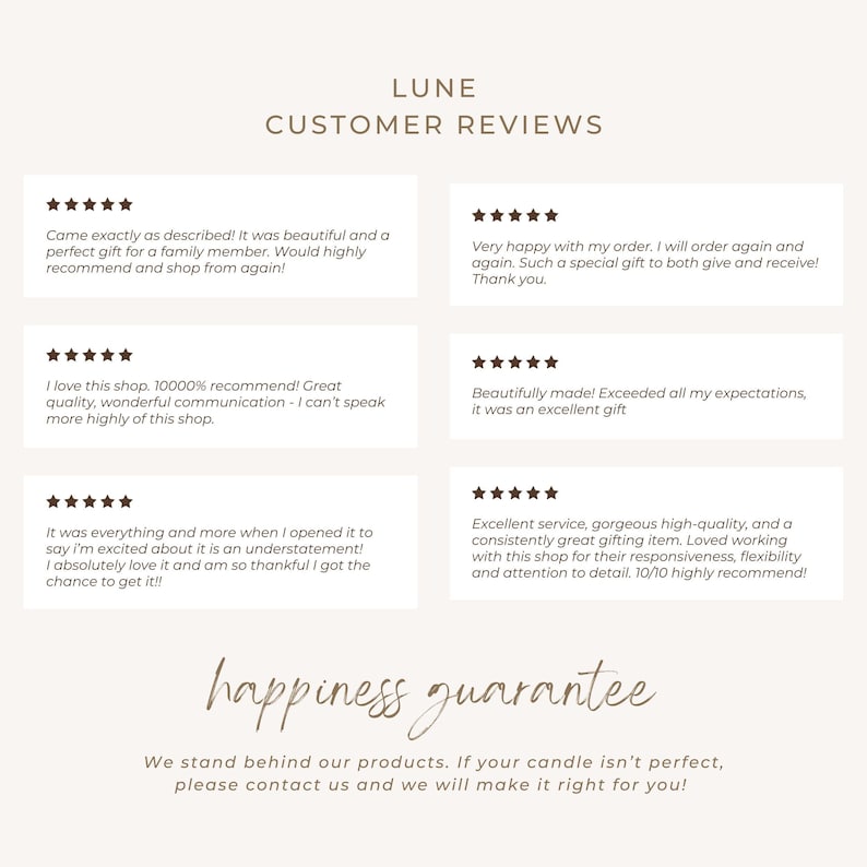 May include: A customer review graphic with the text "LUNE CUSTOMER REVIEWS" at the top. The graphic features several customer testimonials with five-star ratings, and the words "happiness guarantee" at the bottom.