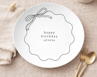 Custom Birthday Plate Personalized Gift for Daughter Bow Birthday Plates Coquette Party Decor Minimal Baby Cake Plate for Girls Toddler Name