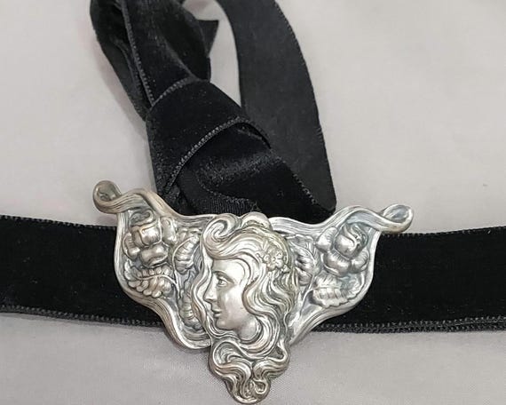 Antique Art Nouveau Silver-Plated Maiden Choker | Repousse Roses Sash Slide