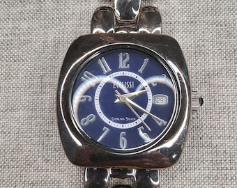 Vintage Ecclissi Sterling Silver Watch Blue Dial | Solid 925 Silver Mesh Pebble Link Bracelet | Women's Cushion Case Watch with Date
