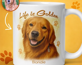 Op de afbeelding: Witte keramische mok met een lachende golden retriever, de tekst "Life is Golden" en pootafdrukken. De naam van de hond, "Blondie", staat eronder gedrukt. Een kleinere afbeelding van de hond staat in de linkerbovenhoek.